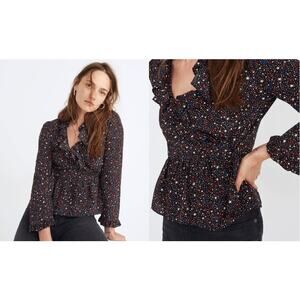 Madewell Womens Silk Ruffle-Hem Wrap Top in Starry Night Size XS